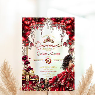 Rote goldene Tiara Blumen Quinceañera Acryleinladungen