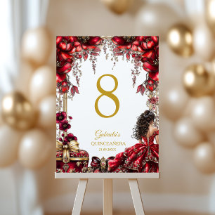 Rote goldene Tiara Blumen Quinceañera Tischnummer