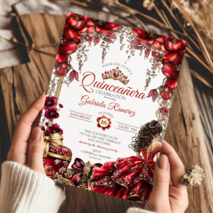 Rote goldene Tiara Floral Quinceañera Einladung