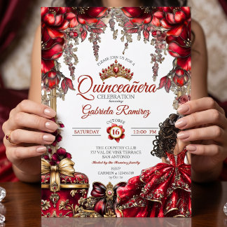 Rote goldene Tiara Floral Quinceañera Einladung
