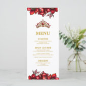 Rote goldene Tiara Floral Quinceañera  Menükarte (Stehend Vorderseite)