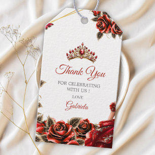 Rote goldene Tiara-Rosen Quinceañera Dankeschön Geschenkanhänger