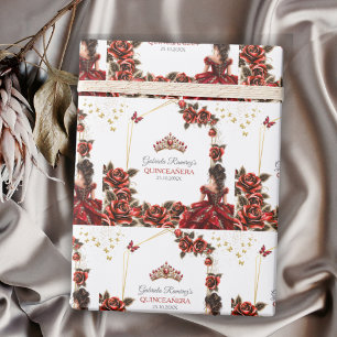 Rote goldene Tiara-Rosen Quinceañera Geschenkpapier