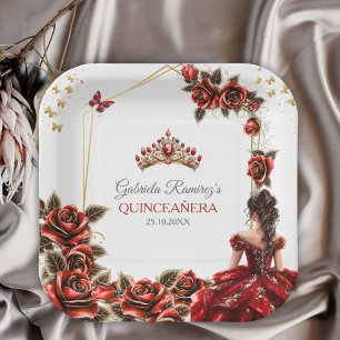 Rote goldene Tiara-Rosen Quinceañera Pappteller