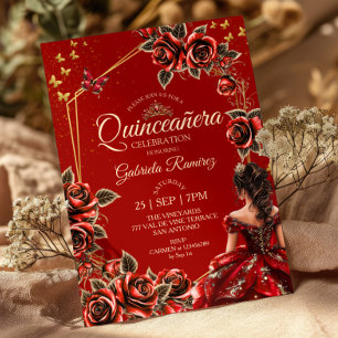 Rote goldene Tiara Rosen Schmetterling Quinceañera Einladung