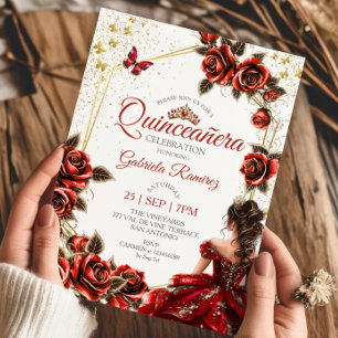 Rote goldene Tiara Rosen Schmetterling Quinceañera Einladung