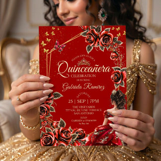 Rote goldene Tiara Rosen Schmetterling Quinceañera Einladung