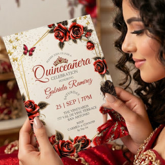 Rote goldene Tiara Rosen Schmetterling Quinceañera Einladung