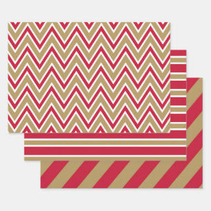 Rote, goldene und weiße Chevron- und Streifenmuste Geschenkpapier Set