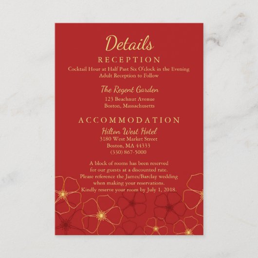 Rote Goldkirschblüten Hochzeitsdetails Begleitkarte (Vorderseite)