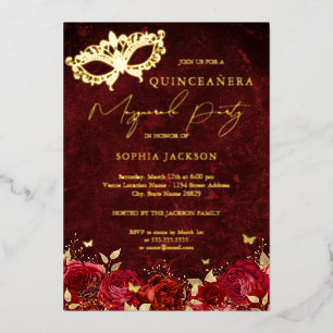 Rote Goldmaske Maskenball-Party Rose Quinceanera Folieneinladung