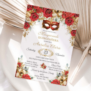 Rote Goldrosen Floraler Maskenball Quinceanera Einladung