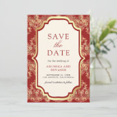 Rote Goldspitze Indische Hochzeit Save The Date (Stehend Vorderseite)
