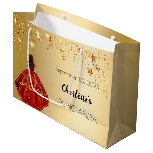 Rote Goldsterne aus Quinceanera kleiden Tiara Große Geschenktüte (Vorderseite Schrägansicht)