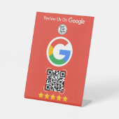 Rote Google Bewertungsanzeige mit QR-Code Sockelschild (Vorderseite)