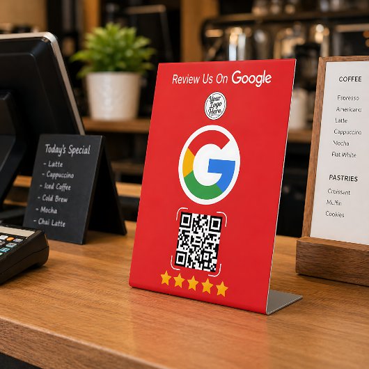 Rote Google Bewertungsanzeige mit QR-Code Sockelschild