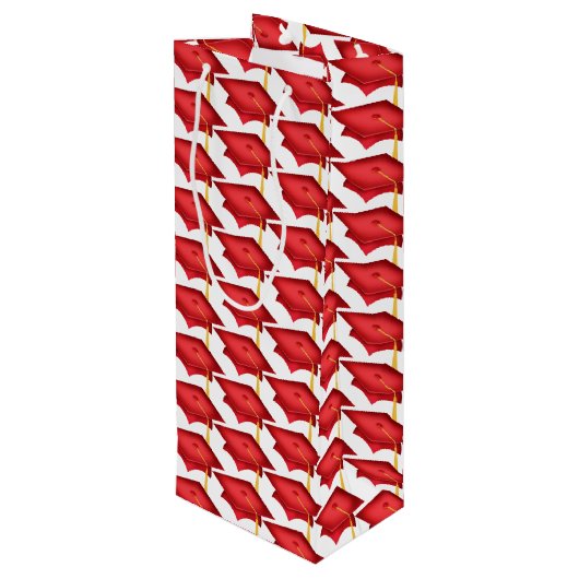 Rote Graduierungskappen mit Goldfass Geschenktüte Für Weinflaschen (Rückseite Schrägansicht)