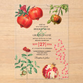 Rote Granatapfel Botanische Mittelmeer-Hochzeit Acryleinladungen (Vorderseite)