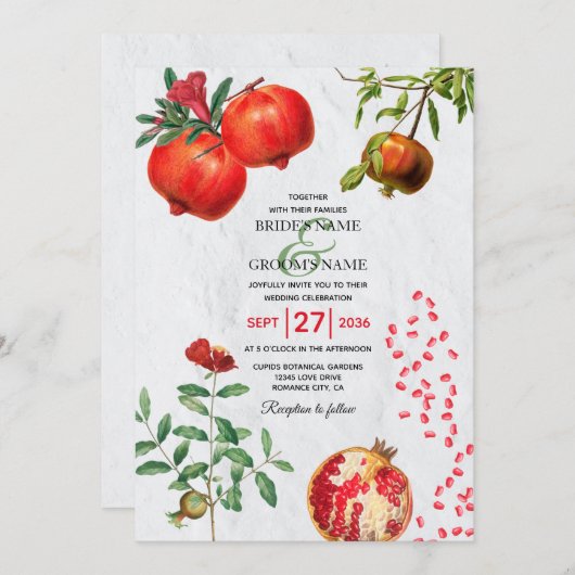 Rote Granatapfel Botanische Mittelmeer-Hochzeit Einladung (Vorne/Hinten)