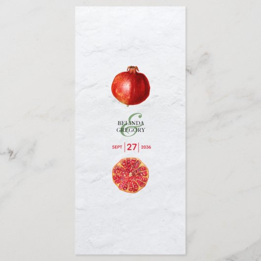 Rote Granatapfel Botanische Mittelmeer-Hochzeit Menükarte (Rückseite)