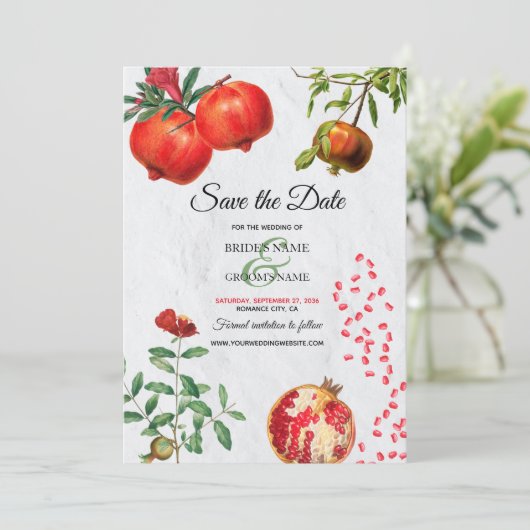 Rote Granatapfel Botanische Mittelmeer-Hochzeit Save The Date (Stehend Vorderseite)