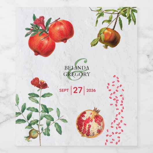 Rote Granatapfel Botanische Mittelmeer-Hochzeit Weinetikett (Einzelnes Label)