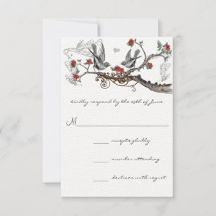Rote Graue Vintage Liebesvögel Wald Hochzeitseinla RSVP Karte