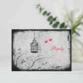 Rote, graue Vogelkäfig-Lovebirds-Antwortkarte RSVP Karte (Stehend Vorderseite)