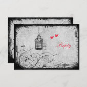 Rote, graue Vogelkäfig-Lovebirds-Antwortkarte RSVP Karte (Vorne/Hinten)