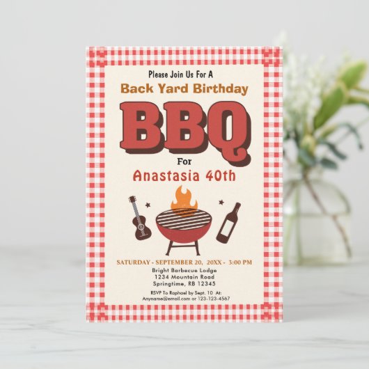Rote GRILLEN Barbecue Country Western BackYard Geb Einladung (Stehend Vorderseite)