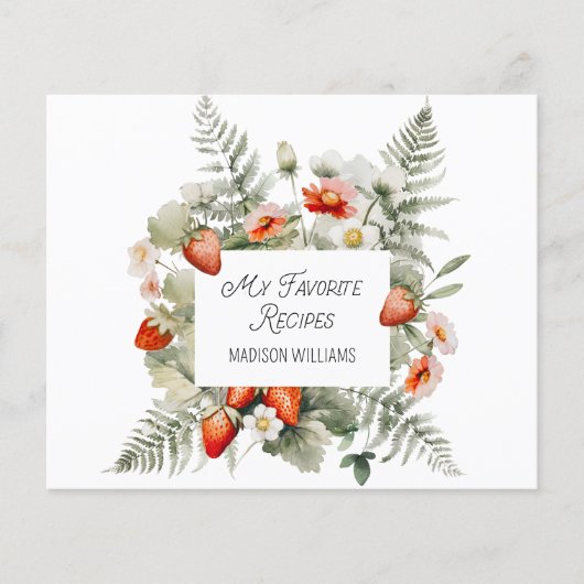 Rote grüne Erdbeere Blume Blätter Rezept Karte (Vorderseite)