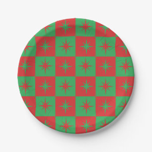 Rote grüne karierte Retro-Weihnachts-Starbursts Pappteller