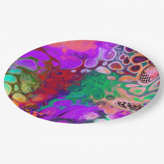 Rote, grüne, Lila, farbenfrohe digitale Fluid Art Pappteller (Schrägansicht)