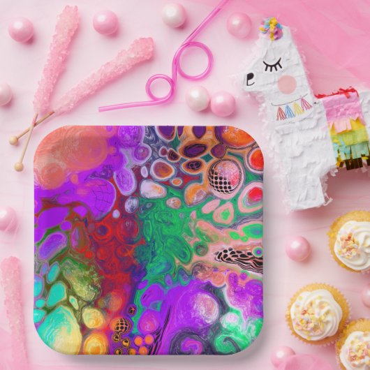 Rote, grüne, Lila, farbenfrohe digitale Fluid Art Pappteller (Party)