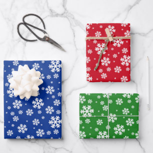 Rote, Grüne und Blaue Winter-Schneeflocken-Muster Geschenkpapier Set