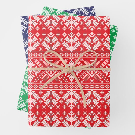 Rote, grüne und blaue Wintermesse Insel Weihnachte Geschenkpapier Set (Beispiel)