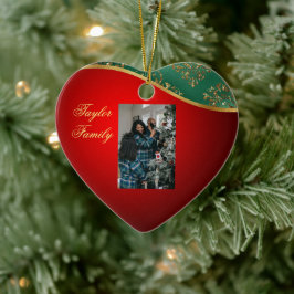 Rote, grüne und goldene Keramik Foto Ornament