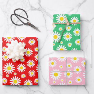 Rote, Grüne und Rosa gemischte Sommer-Daisy-Blumen Geschenkpapier Set