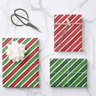 Rote, grüne und silberne Weihnachtsstreifen Geschenkpapier Set