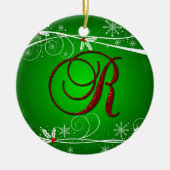Rote Grüntöne Holly Initial R Weihnachtsdekoration Keramik Ornament (Vorne)