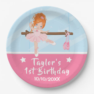 Rote-Haar-Ballerina-rosa-Tutu-Geburtstag-Papiertel Pappteller