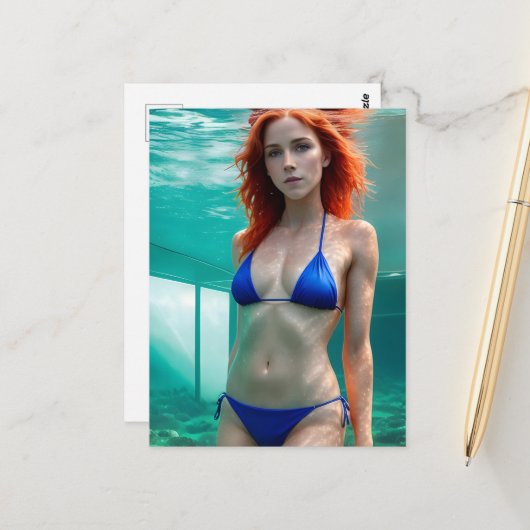 Rote Haare Frau in einem blauen Bikini Postkarte (Vorderseite/Rückseite Beispiel)