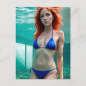 Rote Haare Frau in einem blauen Bikini Postkarte (Vorderseite)