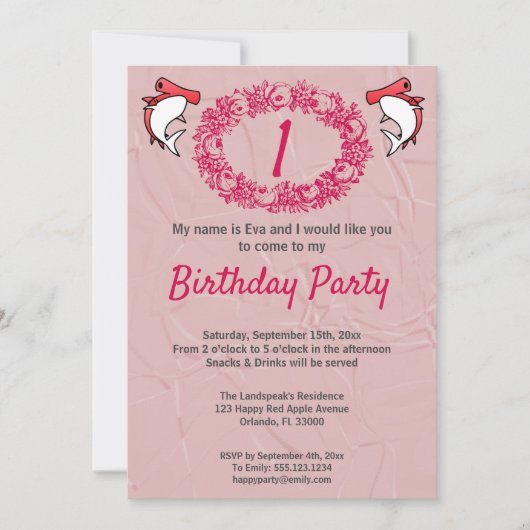 Rote Haie & Rose Kranz 1. Geburtstag Einladung (Vorderseite)