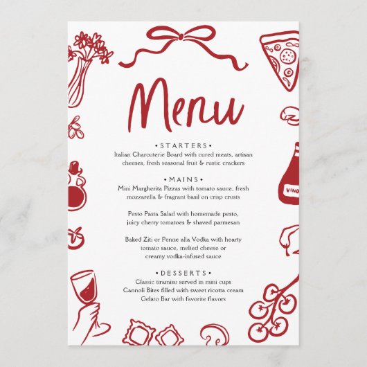 Rote Hand Drawn Italienische Pizza Pasta Wein Menükarte (Vorderseite)