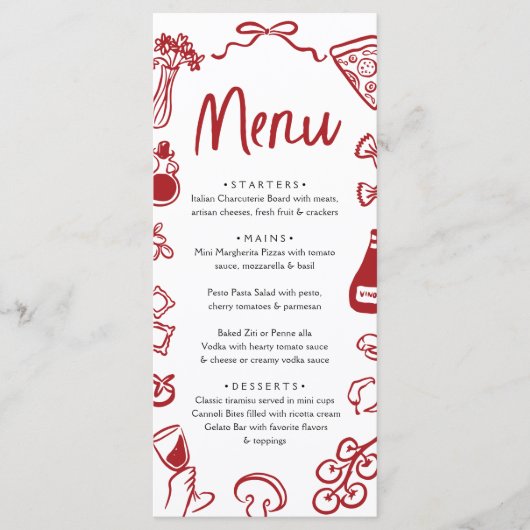 Rote Hand Drawn Italienische Pizza Pasta Wein Menükarte (Vorderseite)