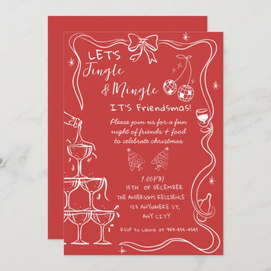 Rote Hand gezeichnet Festive Friendsmas Weihnachts Einladung (Vorne/Hinten)