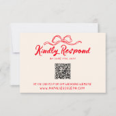 Rote Hand schrieb quirky moderne Bow QR Code Hochz RSVP Karte (Vorderseite)