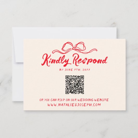 Rote Hand schrieb quirky moderne Bow QR Code Hochz RSVP Karte (Vorderseite)