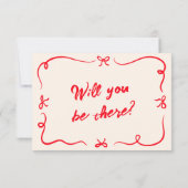 Rote Hand schrieb quirky moderne Bow QR Code Hochz RSVP Karte (Rückseite)